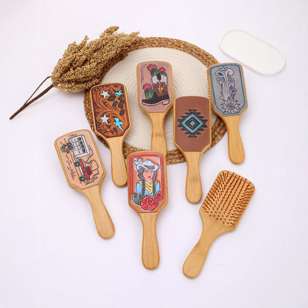 Wholesale Bamboo Real Leather Cow Retro Western Cowboy Style Air Cushion Comb Airbag Comb Meridian Massage Comb Hairdressing Comb